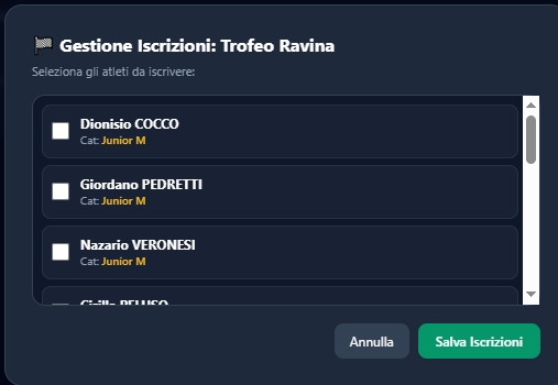 Finestra Gestione Iscrizioni Gare OriManager